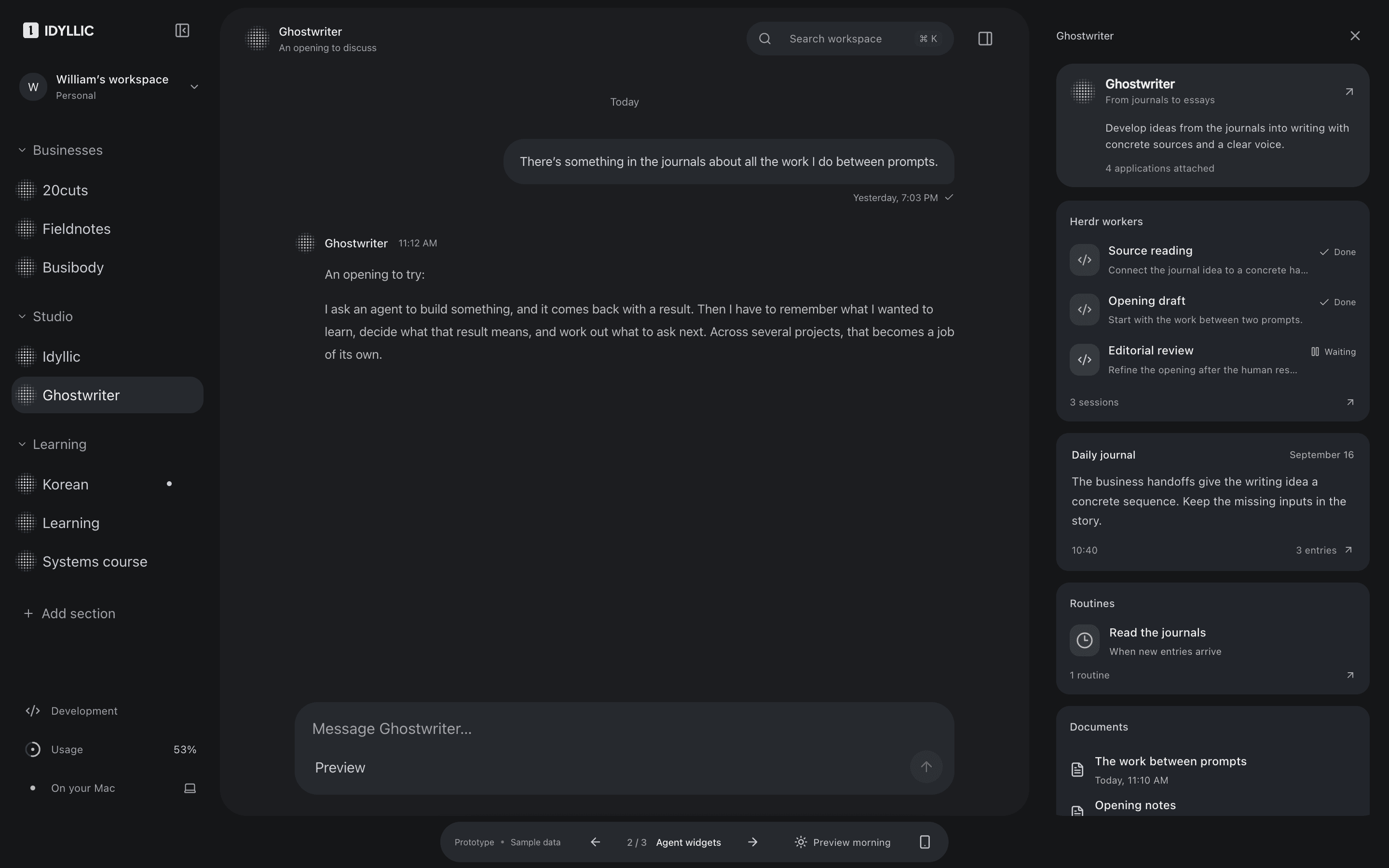 Idyllic interface study with agents on the left, a Ghostwriter conversation in the center, and component cards in the right sidebar.