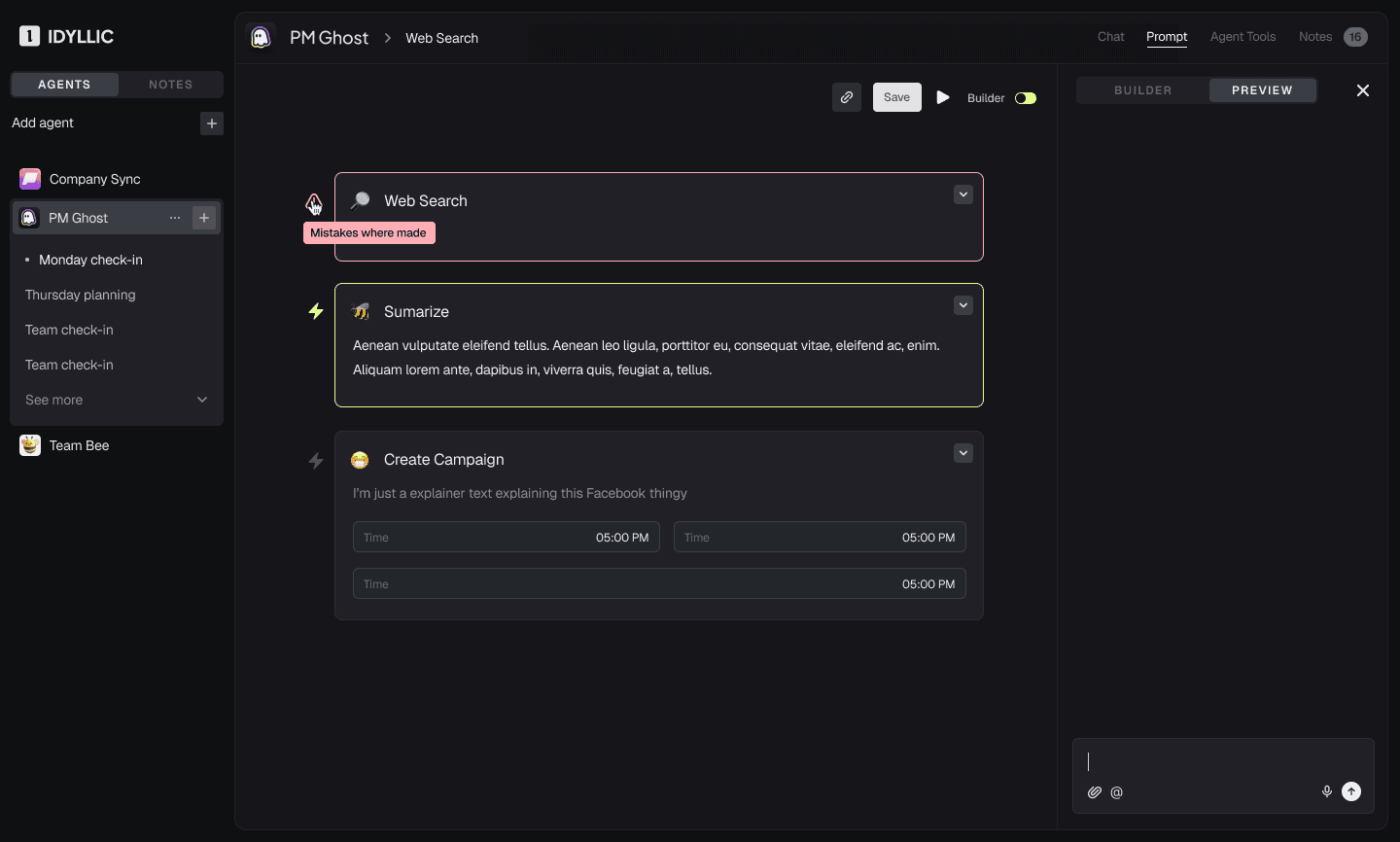 Agent builder design with Web Search, Summarize and Create Campaign blocks beside a preview pane.