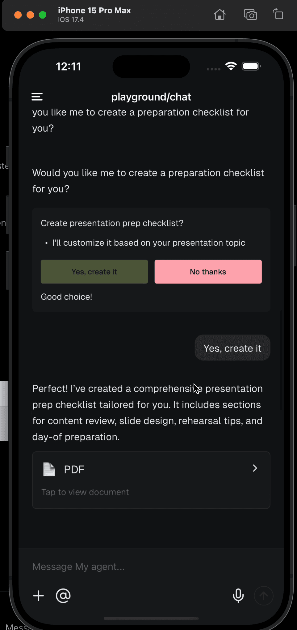 Mobile chat playground showing a create-checklist confirmation, the chosen response and a document card.
