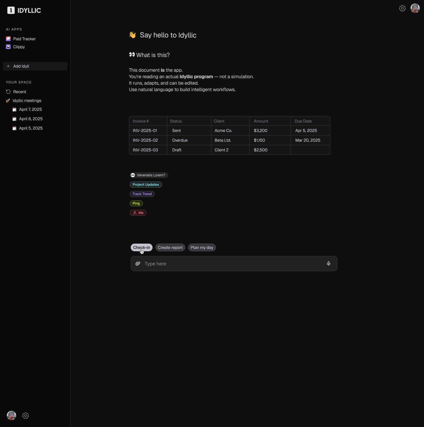 Idyllic document-as-app design with an example invoice table, action chips and a chat composer.