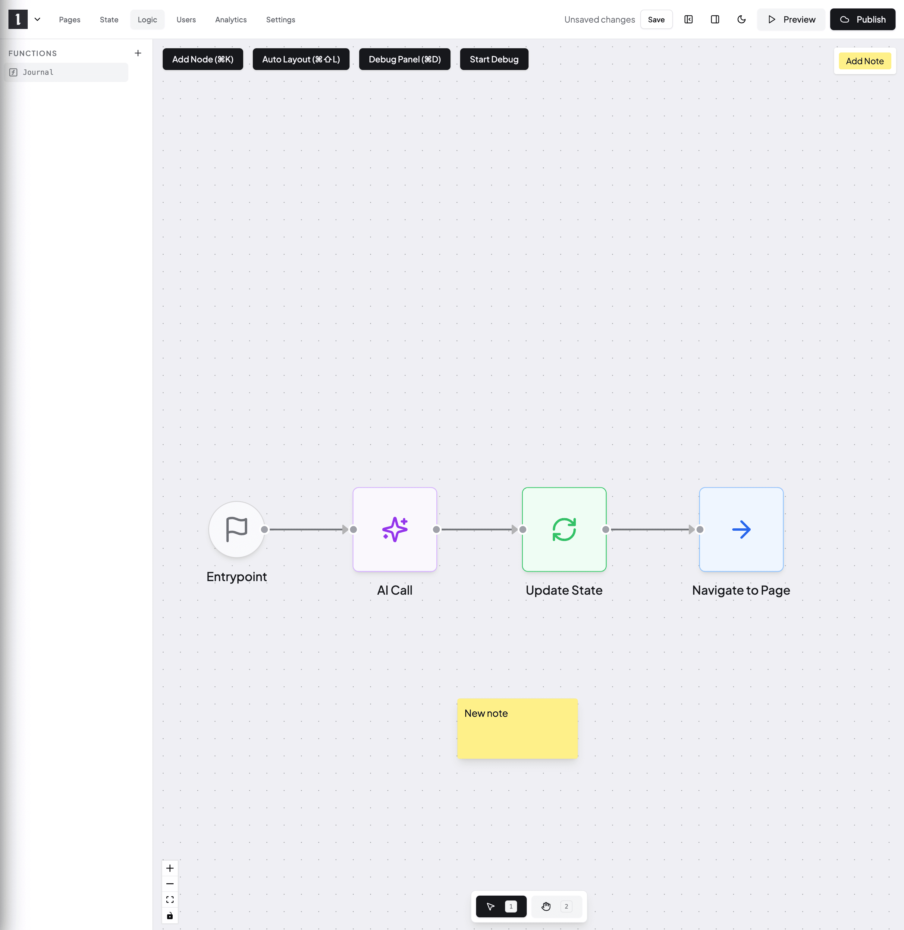 Idyllic builder with page, state and logic controls and a graph of entry point, AI call, state update and navigation nodes.