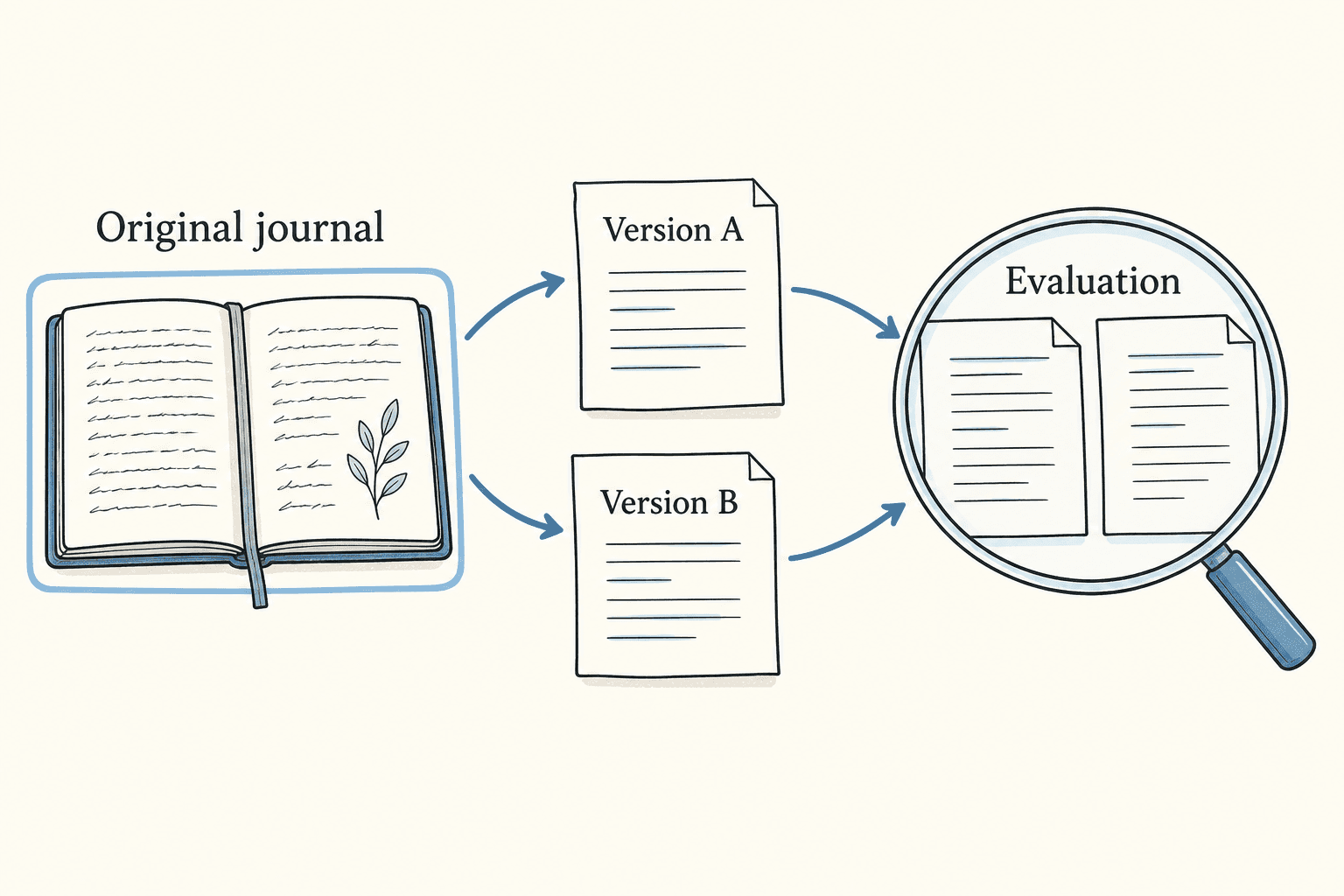 Two prompt versions use the same preserved journal entries for evaluation.