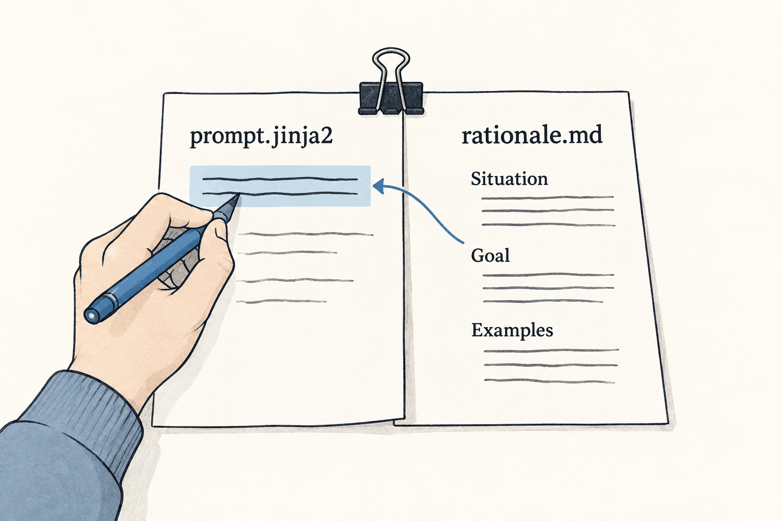 A rationale file preserves the situation, goal and examples while the prompt wording changes.