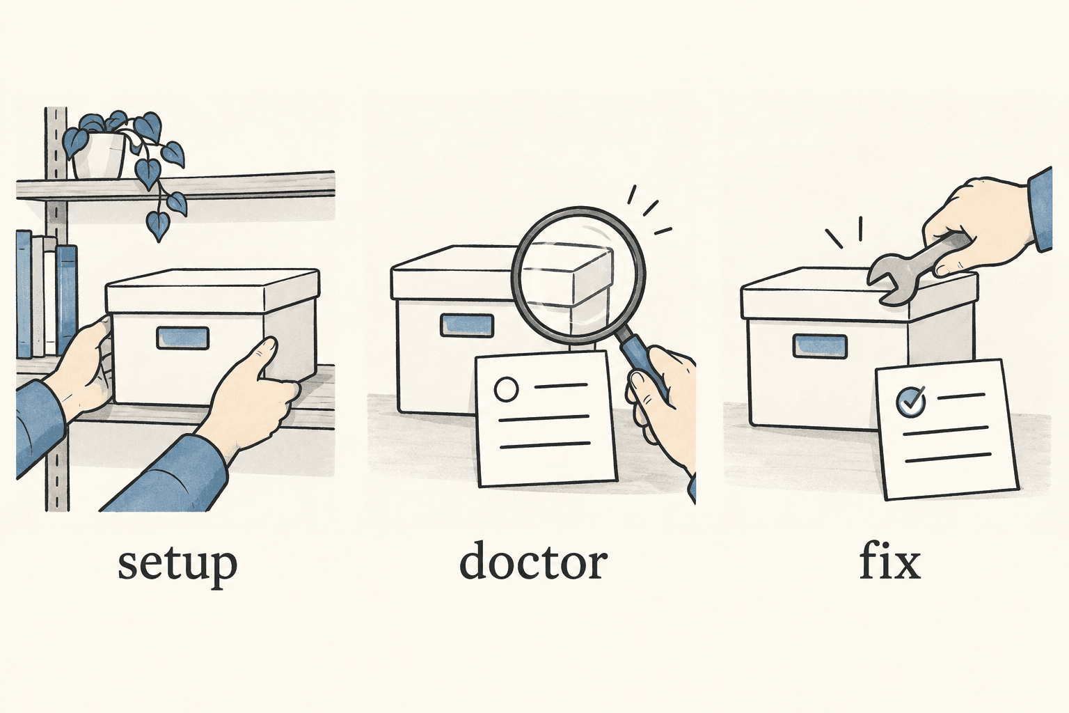 Setup prepares a component, doctor inspects its state, and fix repairs a reported problem.