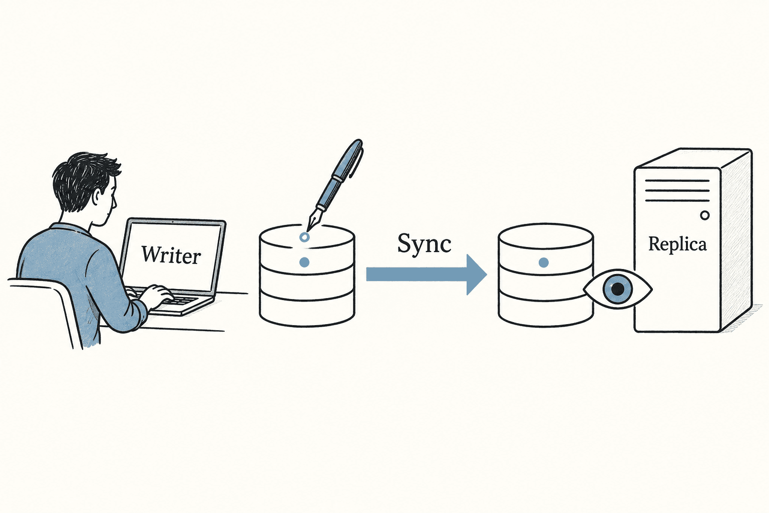A laptop writes to a database and synchronizes it in one direction to a reading replica.
