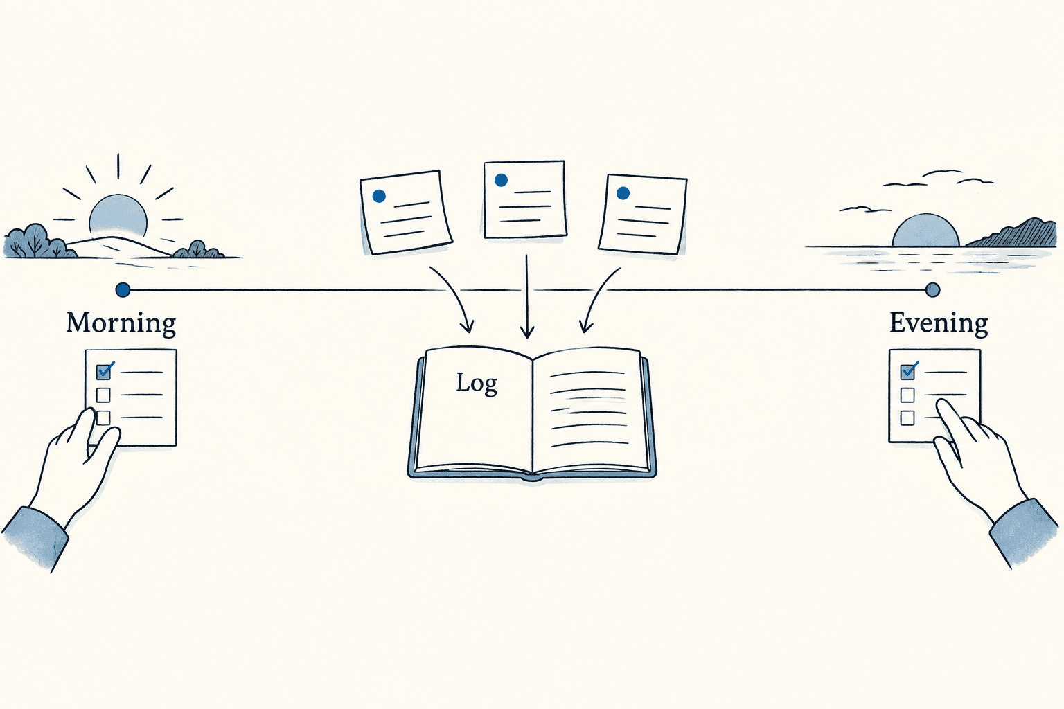 Morning and evening check-ins surround events collected in a daily log.