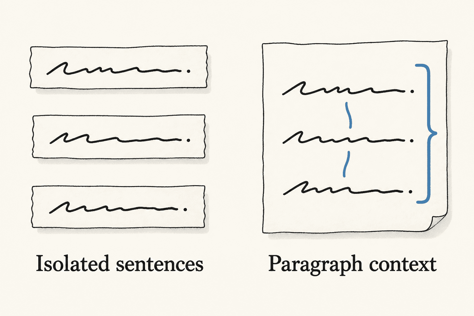 Detached sentence assignments lose the context retained by one paragraph assignment.