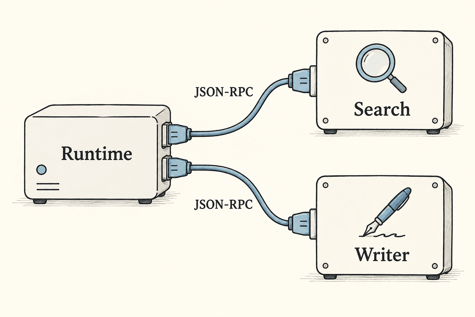 Search and writing processes expose the same JSON-RPC boundary to the runtime.