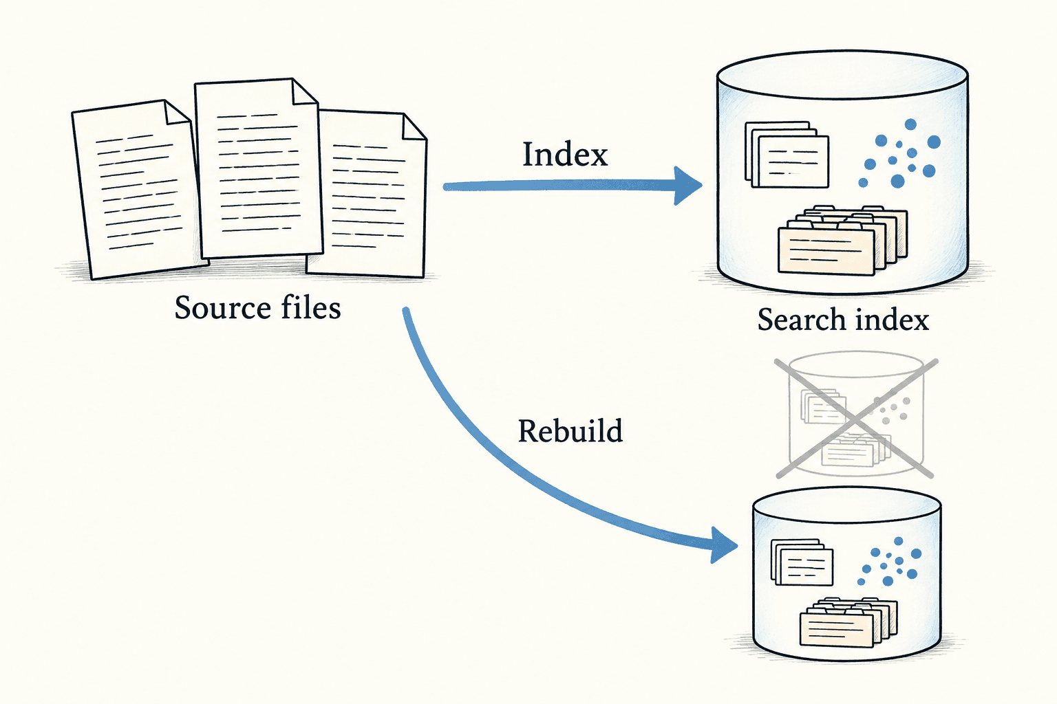 Ordinary source files create a search index and remain intact when that index is discarded and rebuilt.