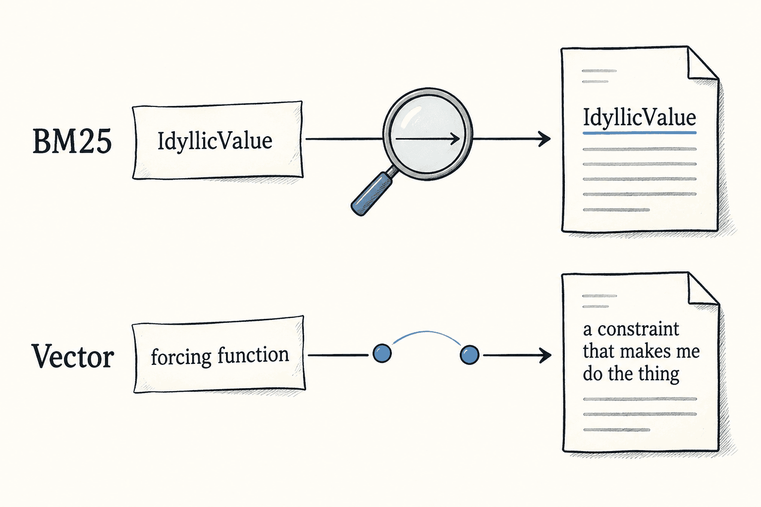 Keyword search matches an exact name, while vector search connects differently worded descriptions of the same idea.