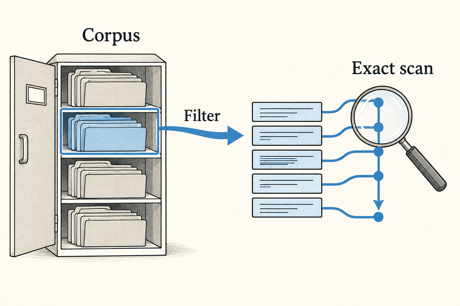 A collection filter selects part of a corpus before an exact scan compares the retained vectors.