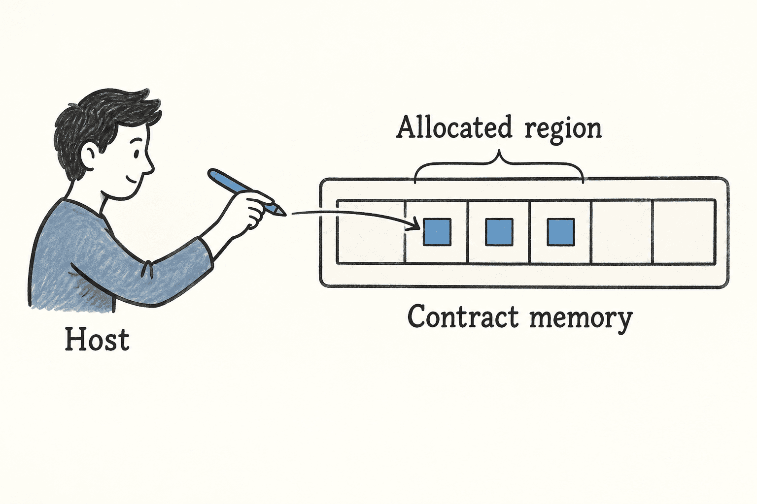 The host writes encoded bytes into a region allocated in the contract's memory.