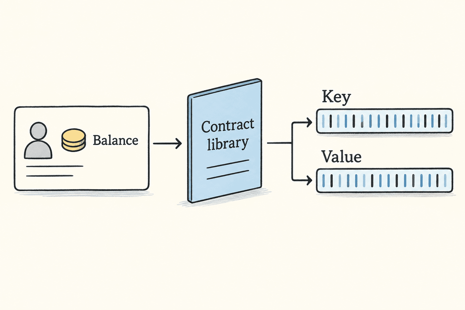A contract library represents an account balance through a byte key and value.
