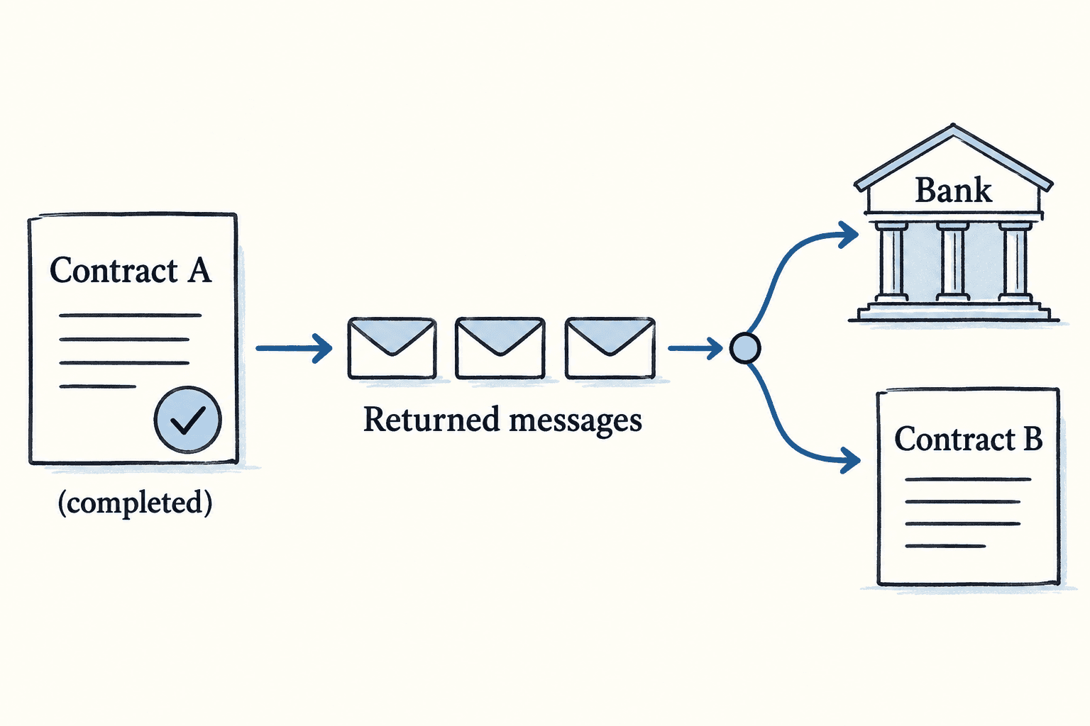 A completed contract call returns messages that the chain routes to modules and other contracts.