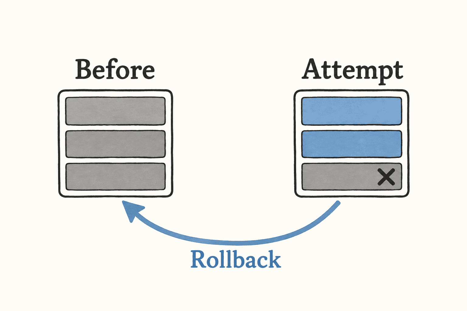 A failed transaction rolls the complete state back to the original ledger.
