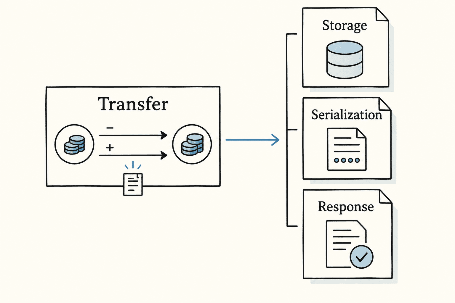 One transfer operation expands into storage, serialization, and response handling.