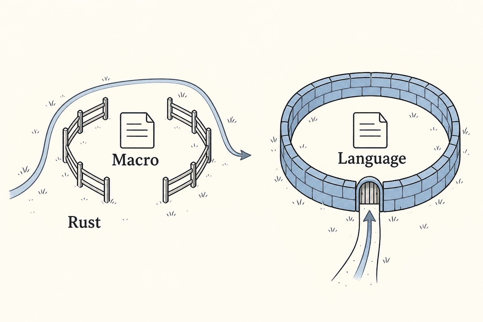 A macro sits inside Rust, while a separate language controls the complete source boundary.