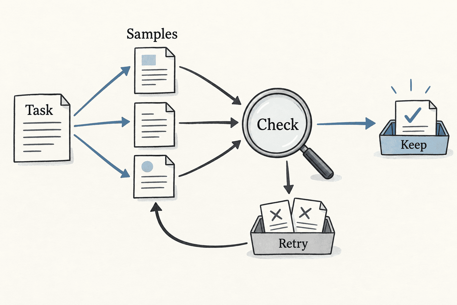 Repeated samples pass through a check that keeps successful results and retries failures.