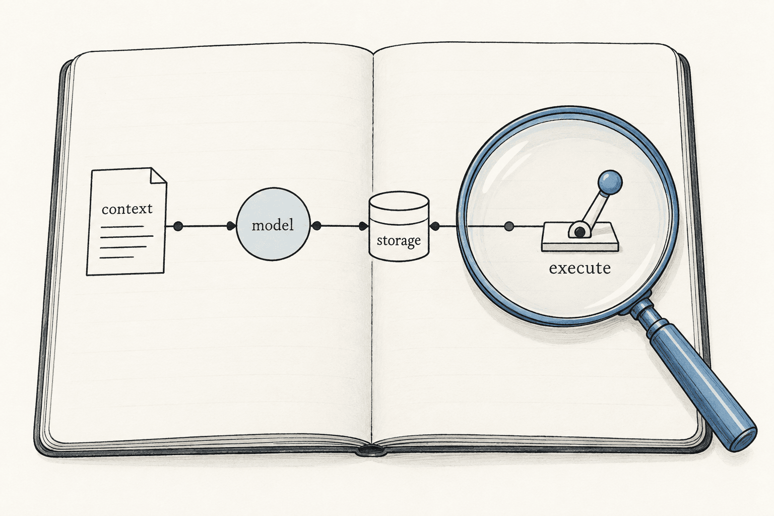 A magnifying glass enlarges the execution mechanism inside an open architecture notebook.