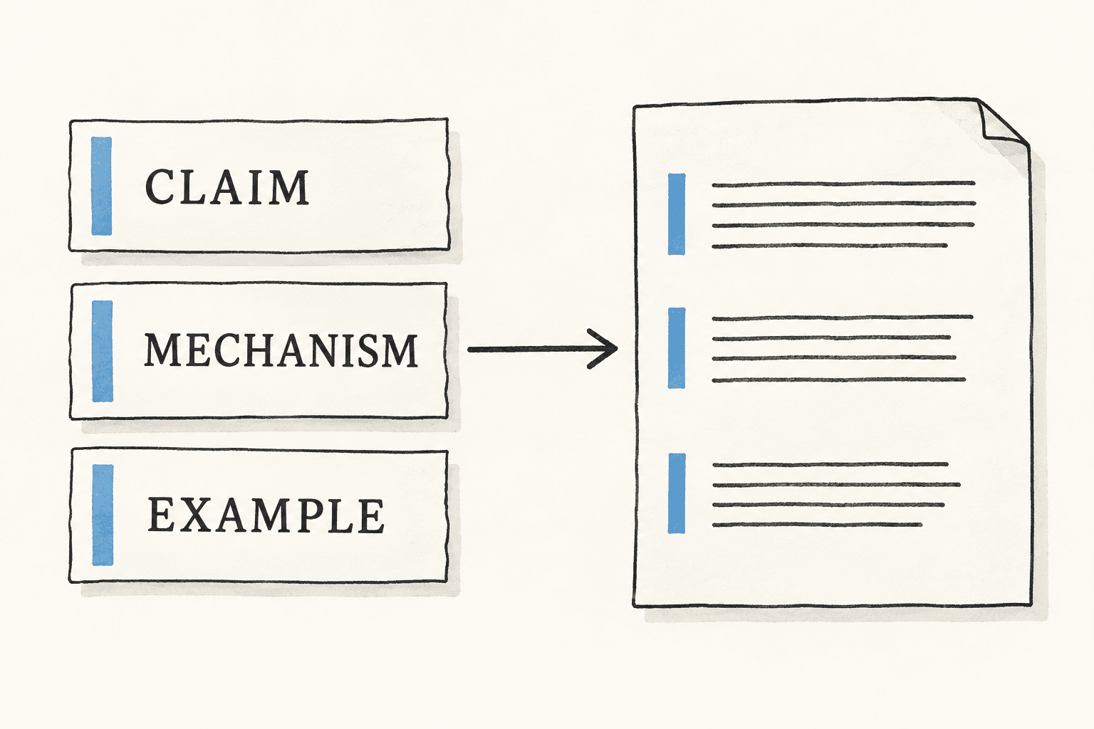 Claim, mechanism and example specifications become three corresponding paragraphs.