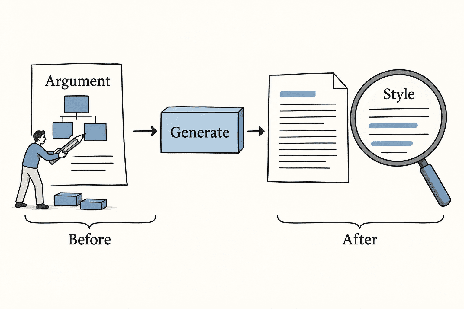 An argument checkpoint precedes generation, and a style checkpoint follows the resulting prose.