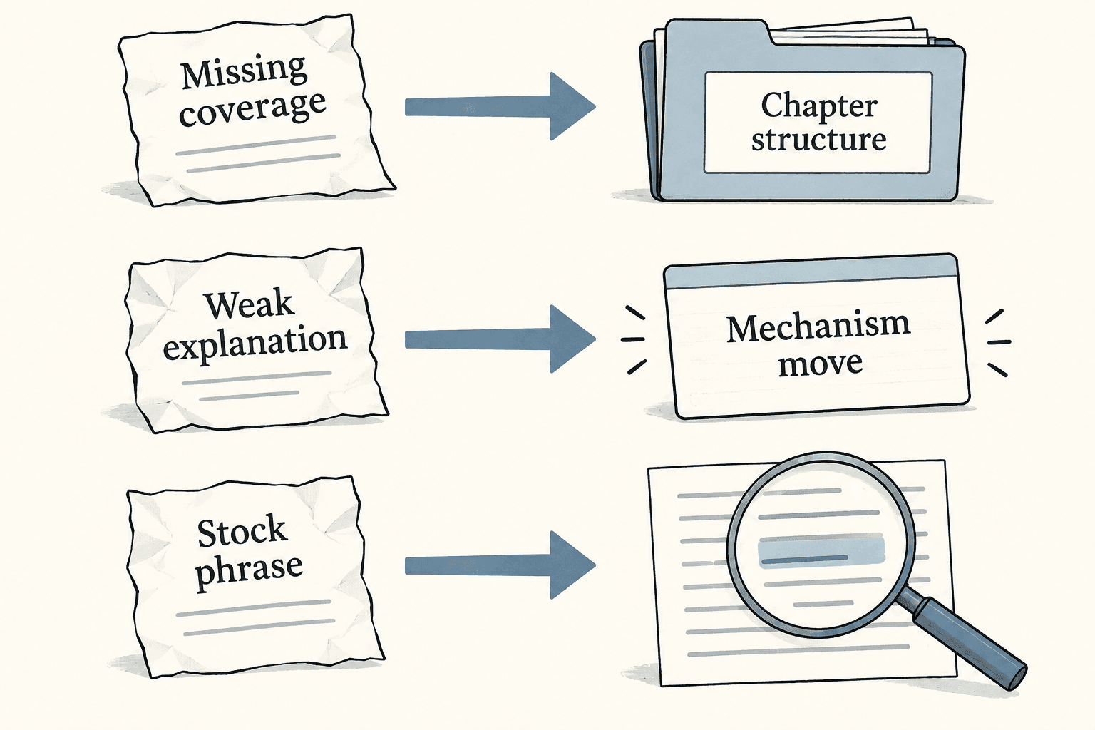 Coverage, explanation and stock-phrase defects point to chapter structure, a mechanism move and the style pass.