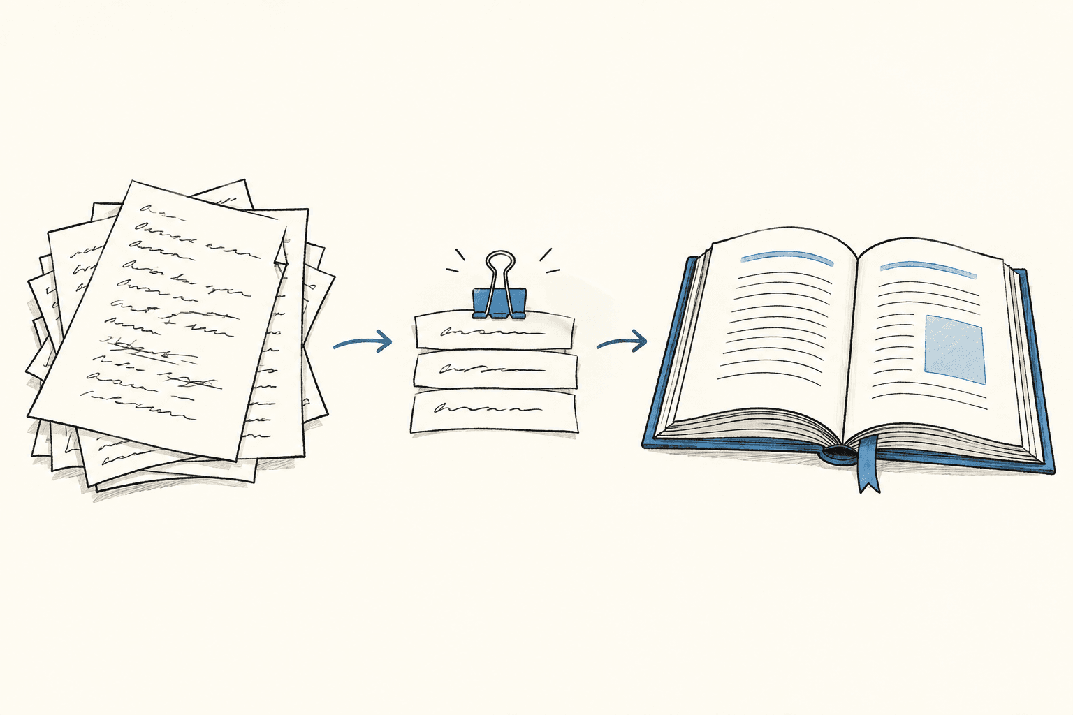 Source notes become ordered paragraph specifications and an open book.