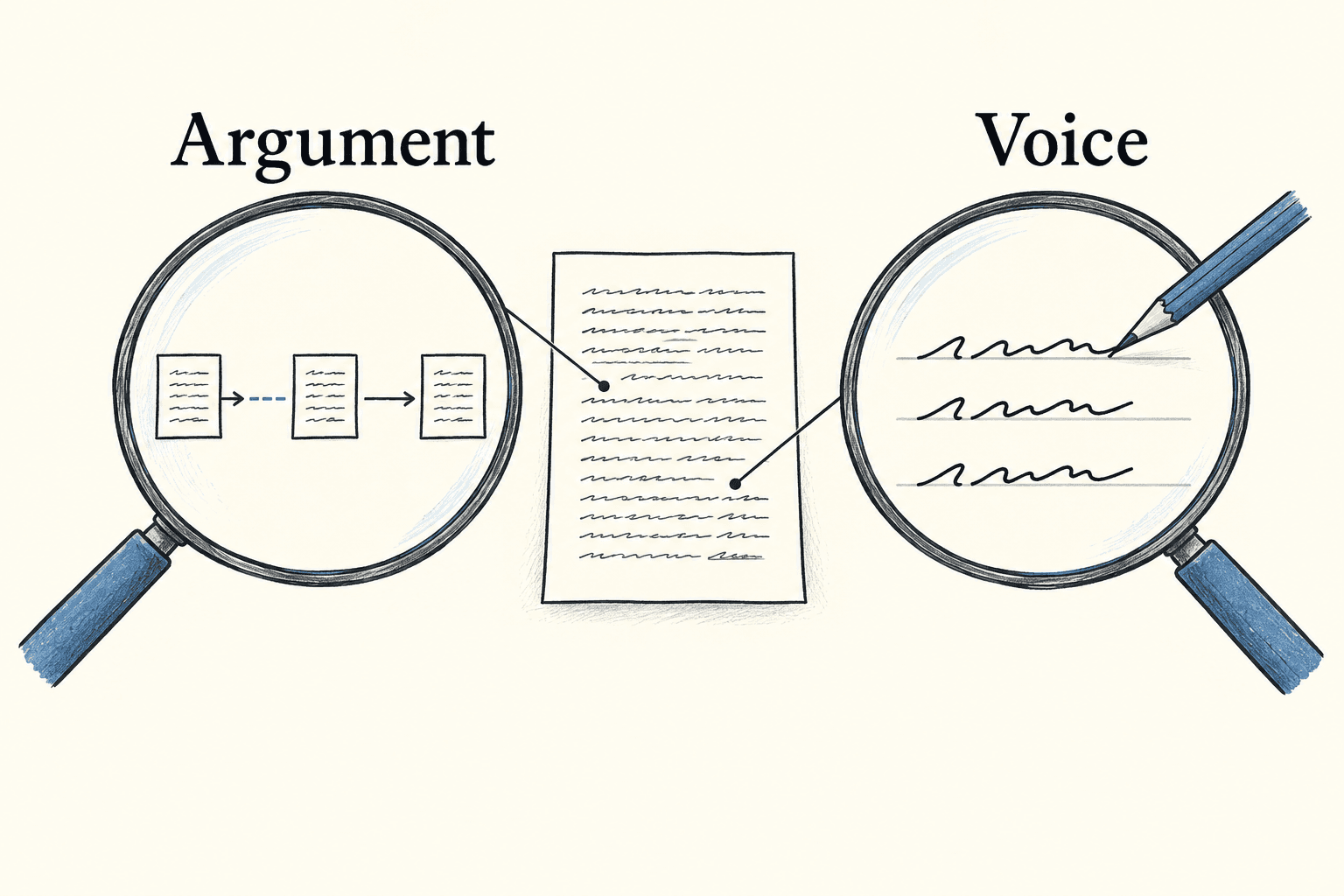 Two magnifying lenses inspect the reasoning and the sentence patterns in the same manuscript.