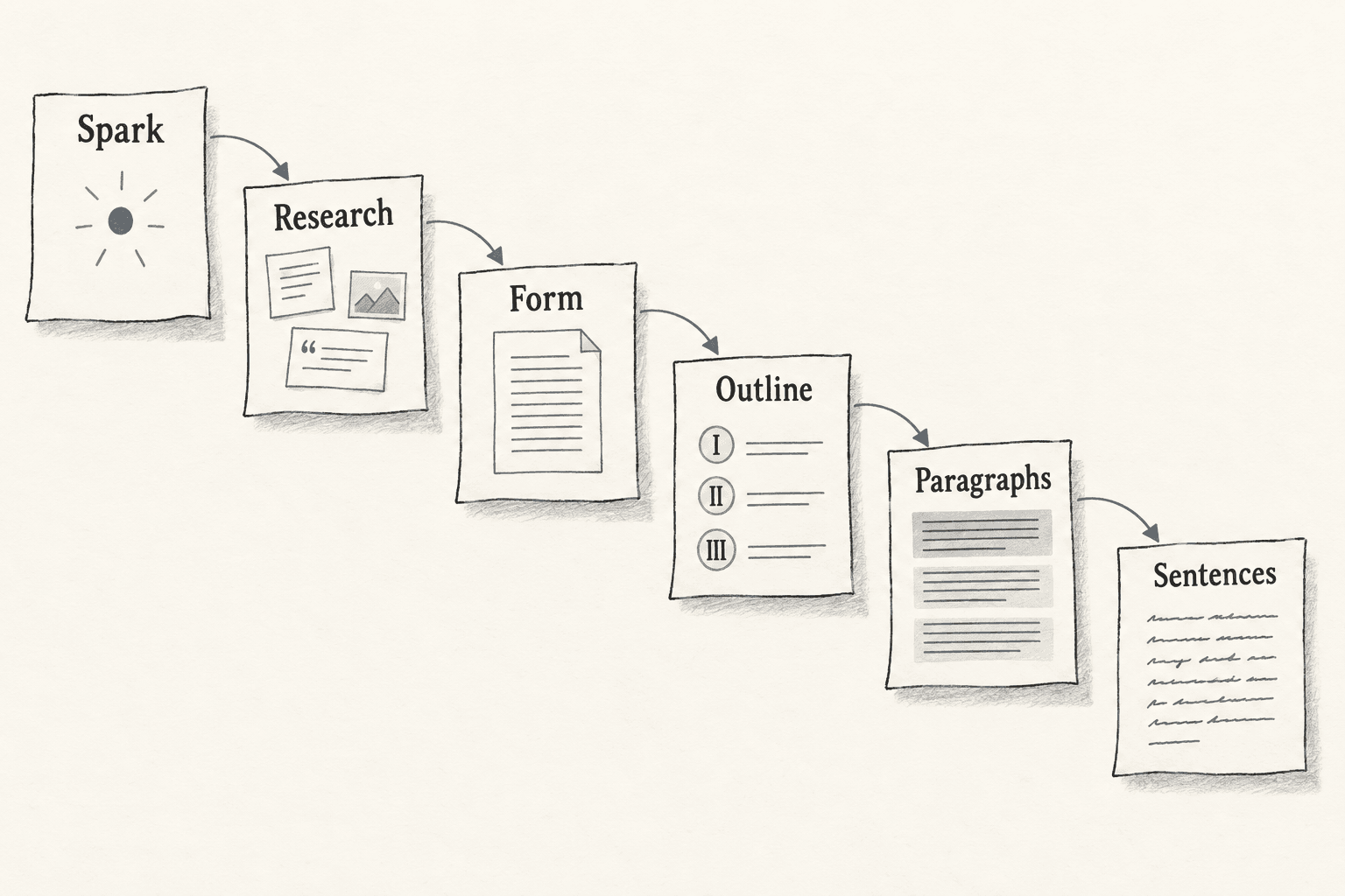 Six paper stages descend from Spark through Research, Form, Outline and Paragraphs to Sentences.