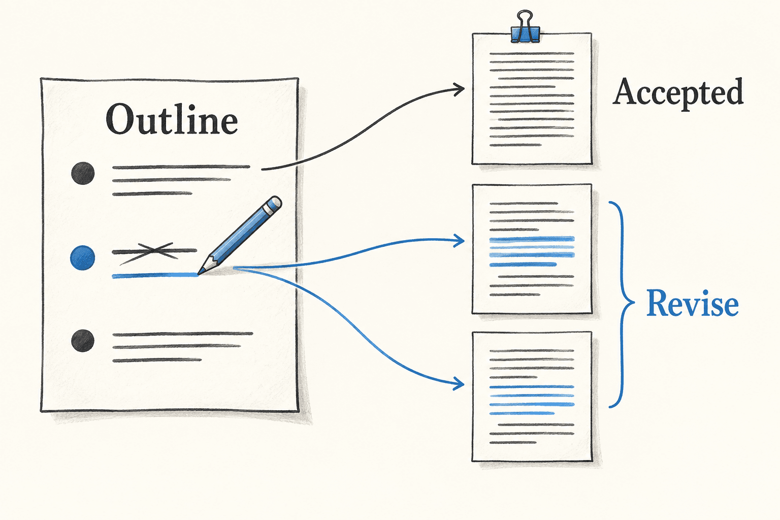 An edited outline claim points to two dependent passages while a separate accepted section remains unchanged.