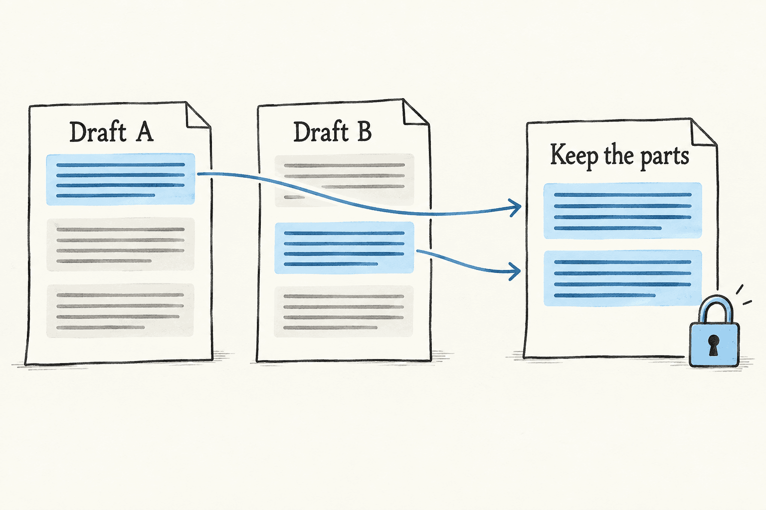 Selected paragraphs from two drafts combine into one retained result.
