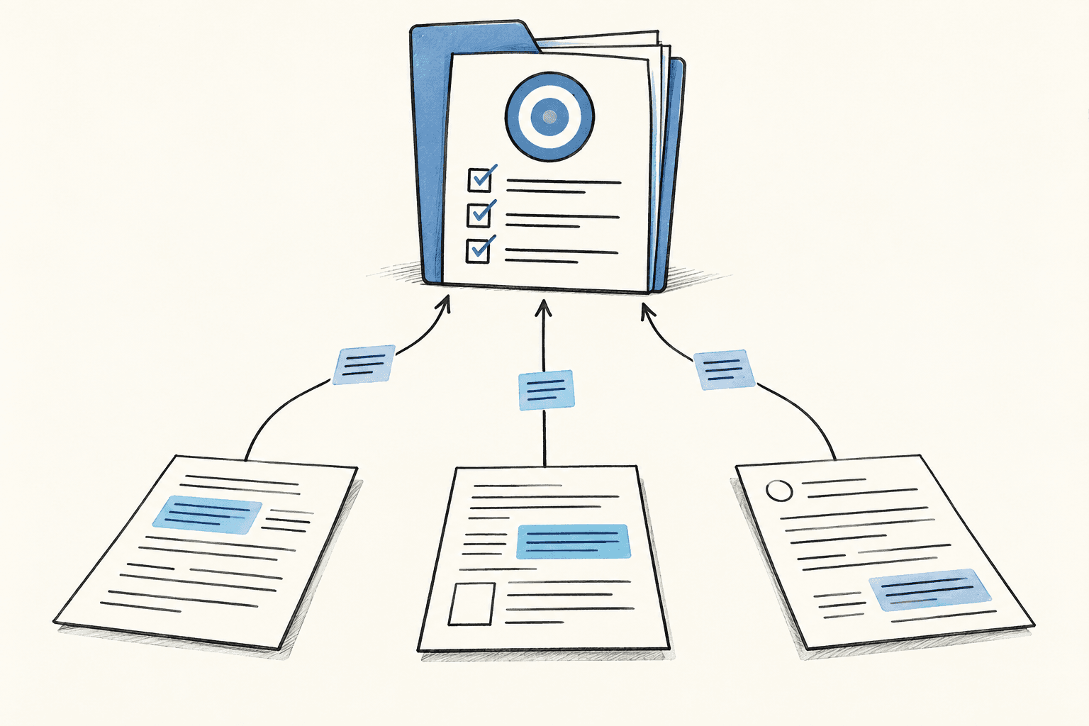 Selected work from separate sessions accumulates in a folder holding one goal and its criteria.
