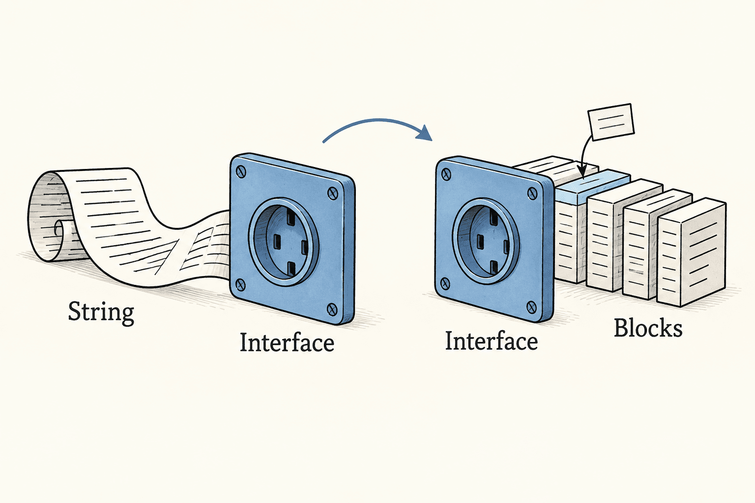 The interface remains stable while its internal representation changes from text to addressable blocks.