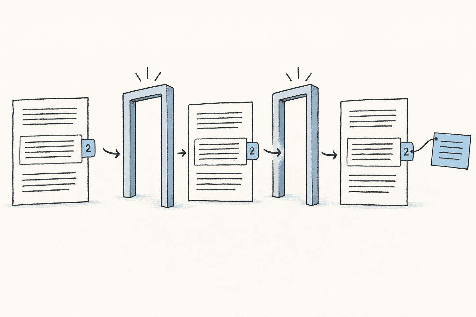 A document retains its paragraph addresses and separate annotation as it passes between steps.