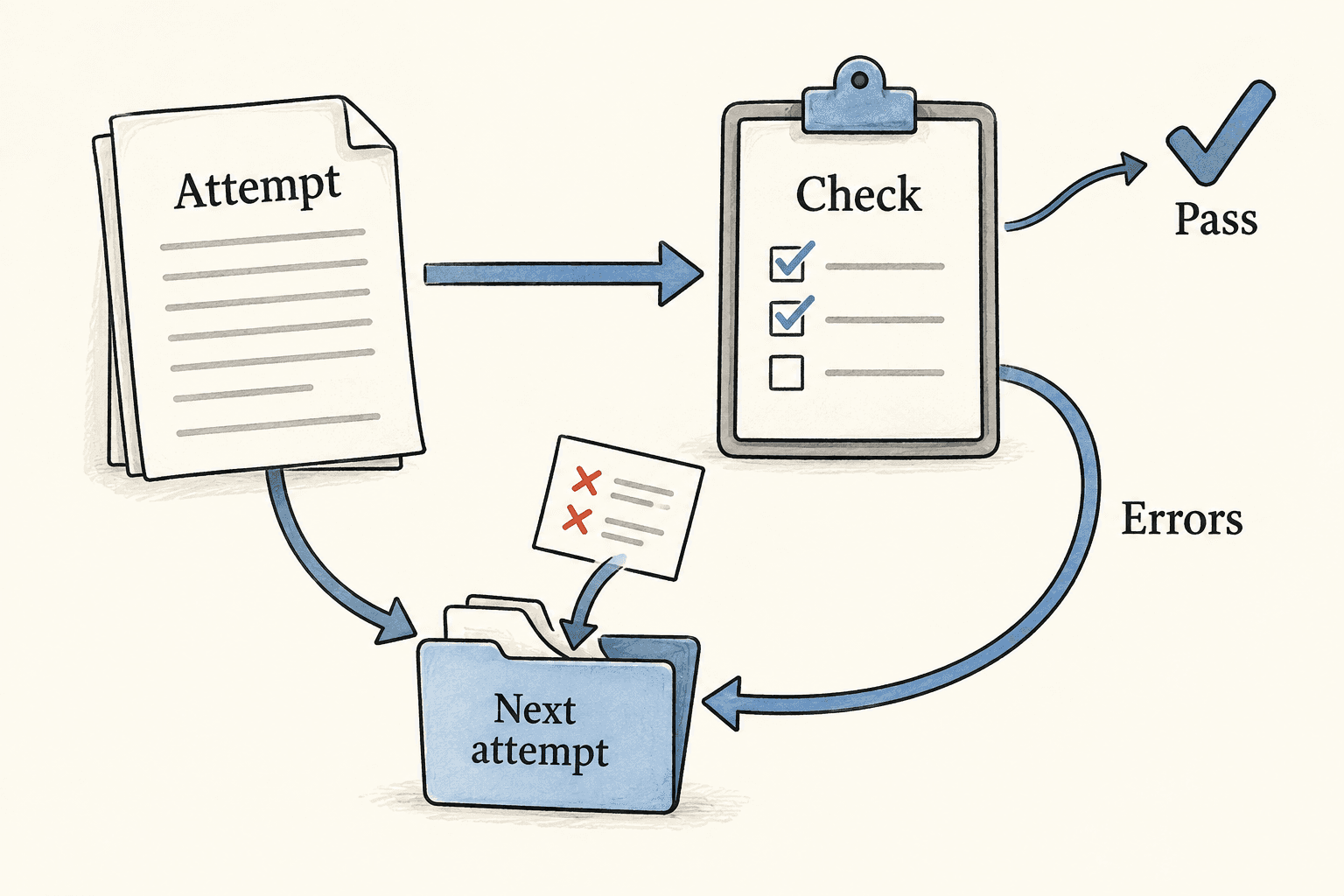 A check accepts a passing attempt or sends the failed artifact and errors into the next attempt.