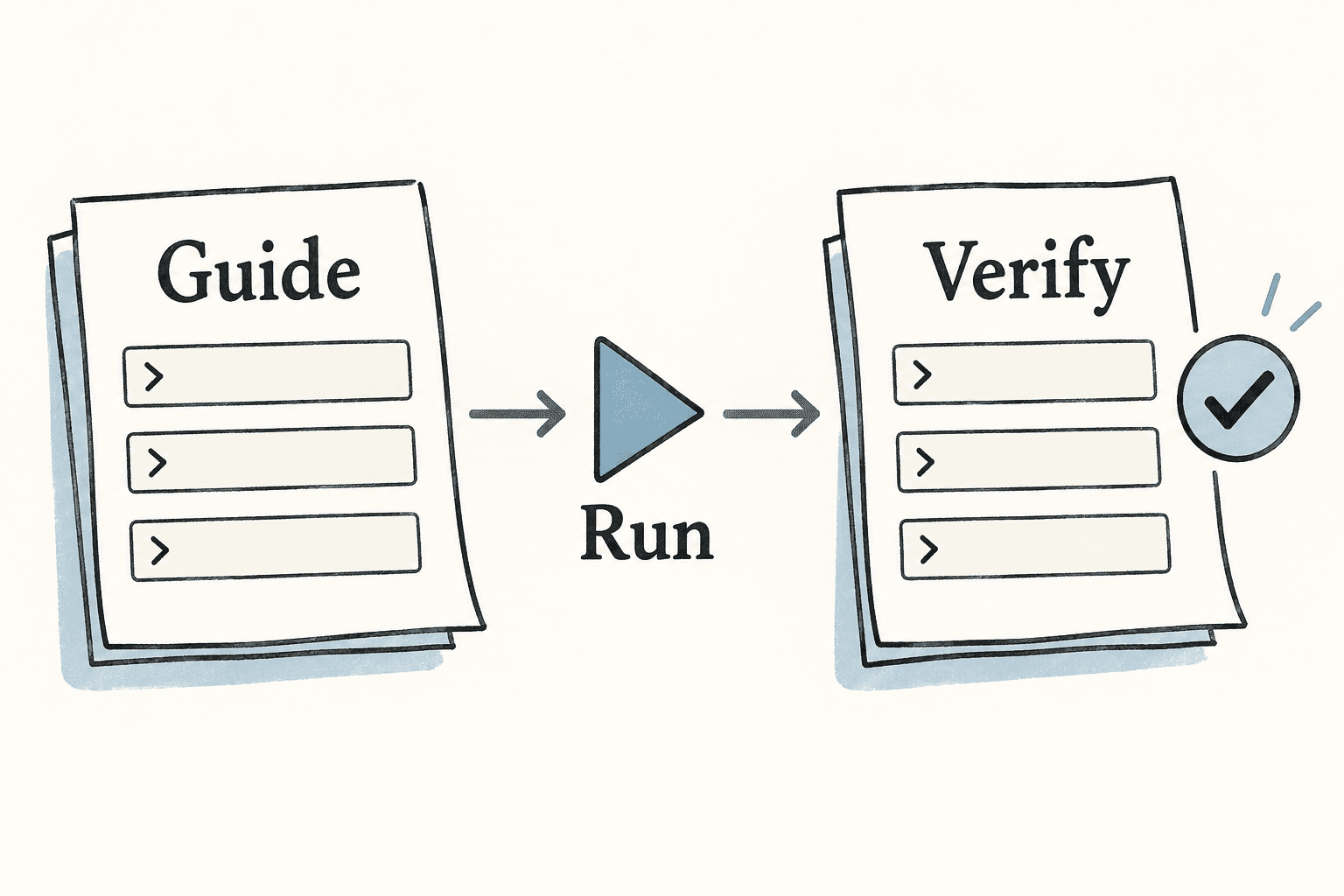 A command-based guide is executed as a sequence and checked against its results.