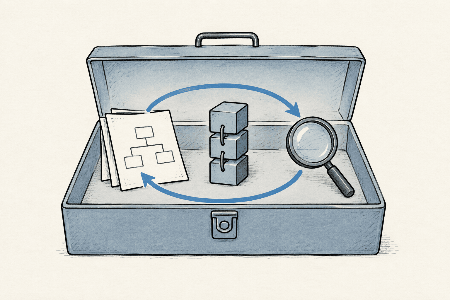A project scaffold, local ledger, and inspection tool form a repeatable development loop.
