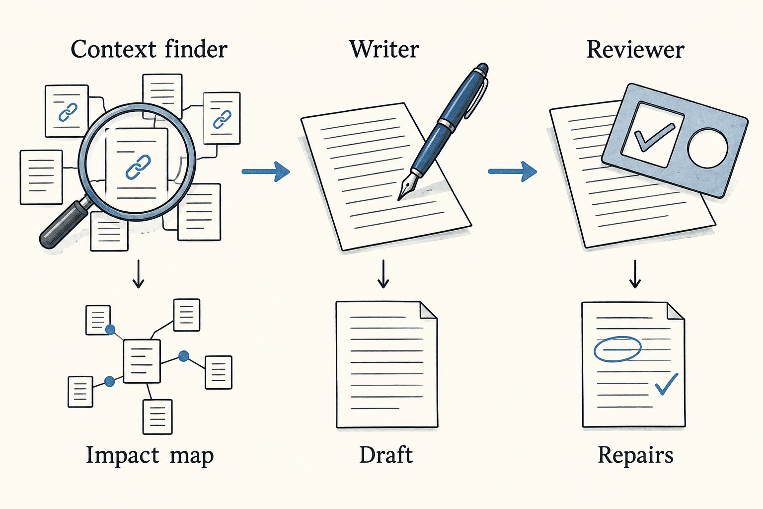 The context finder produces an impact map, the writer a draft and the reviewer specific repairs.