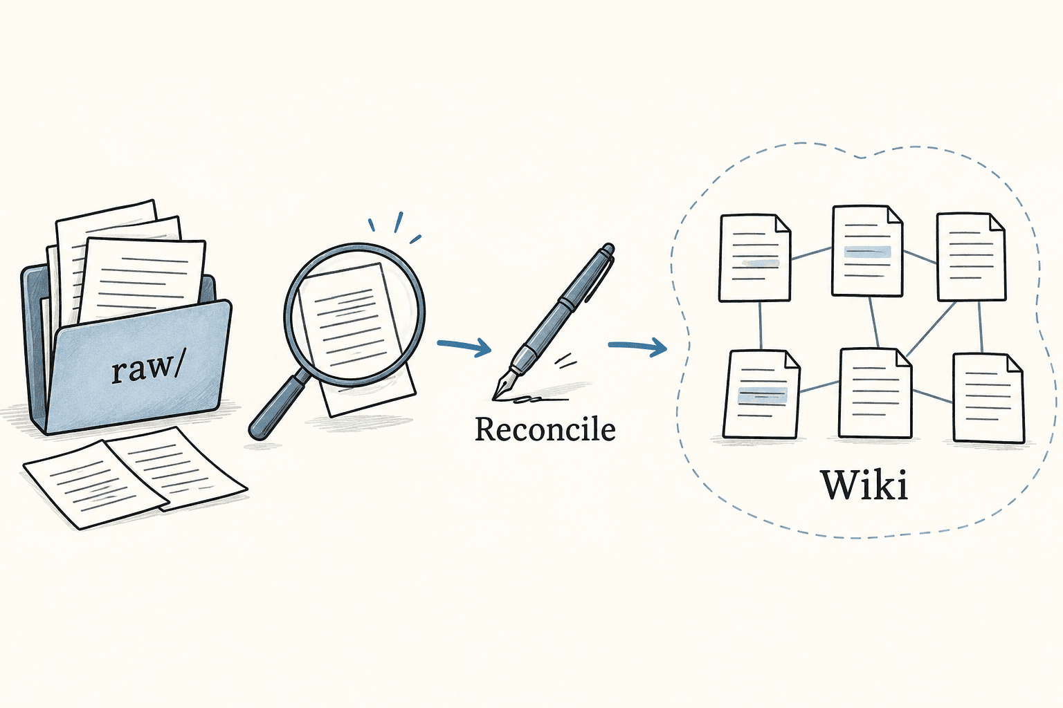 Raw transcripts remain outside the wiki graph while reconciliation updates existing pages.