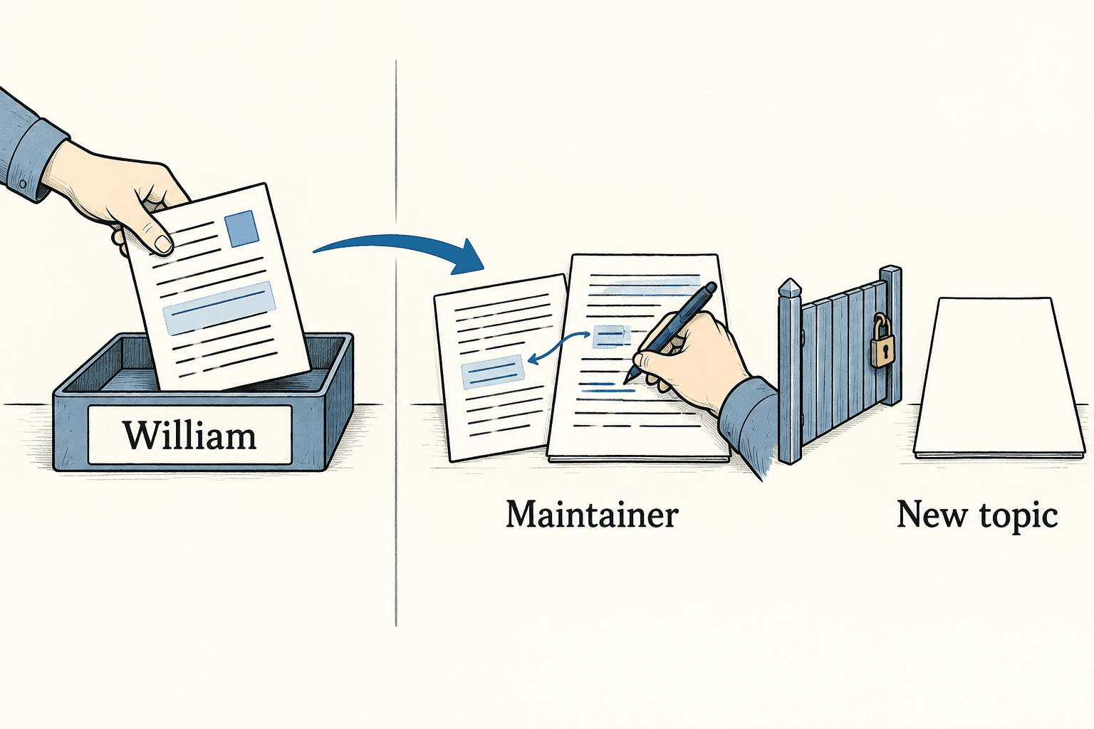 William supplies a topic and source material across a boundary to a maintainer editing existing pages.