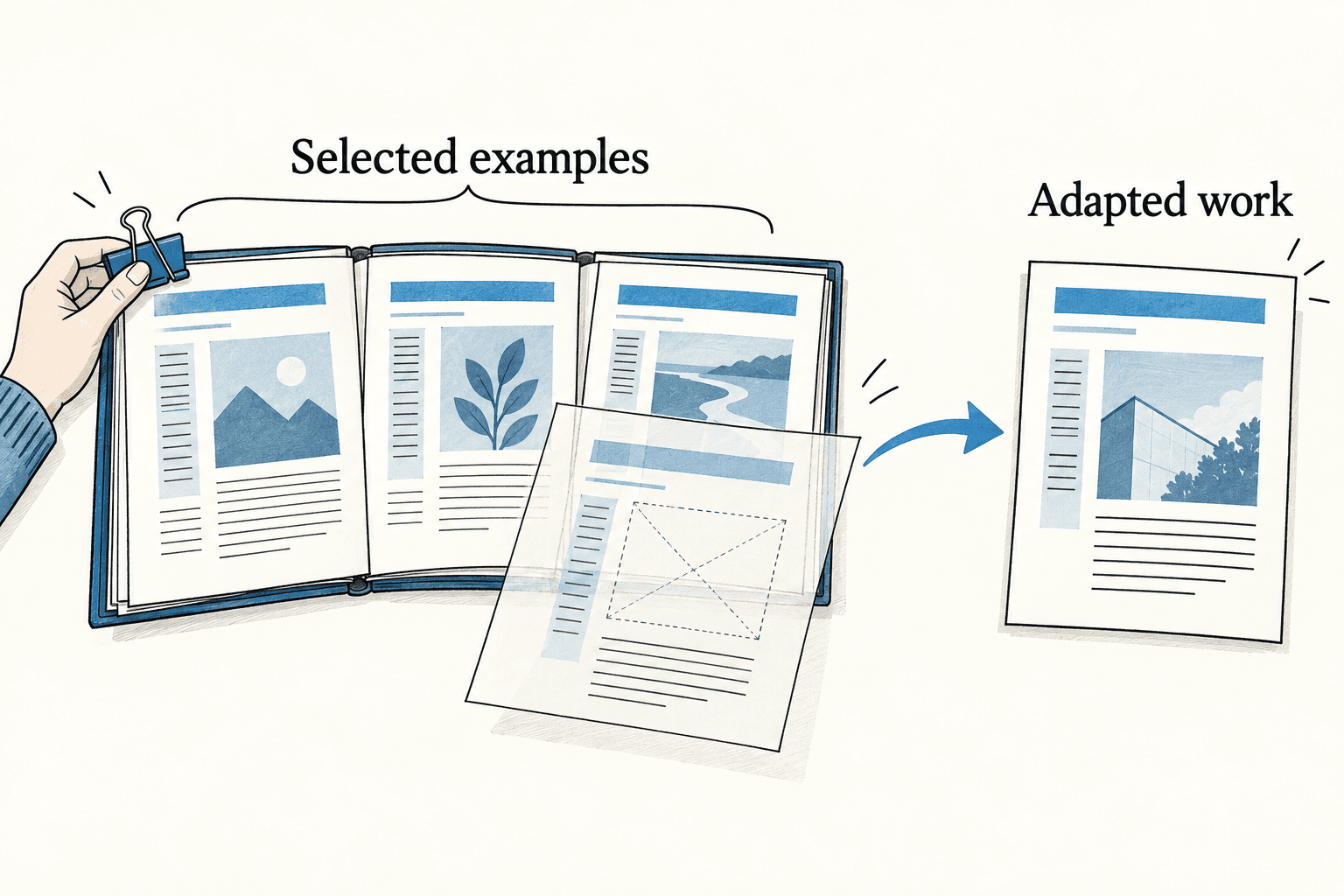 A curated collection of example layouts supplies related design decisions to an adapted page, while a few content choices change.