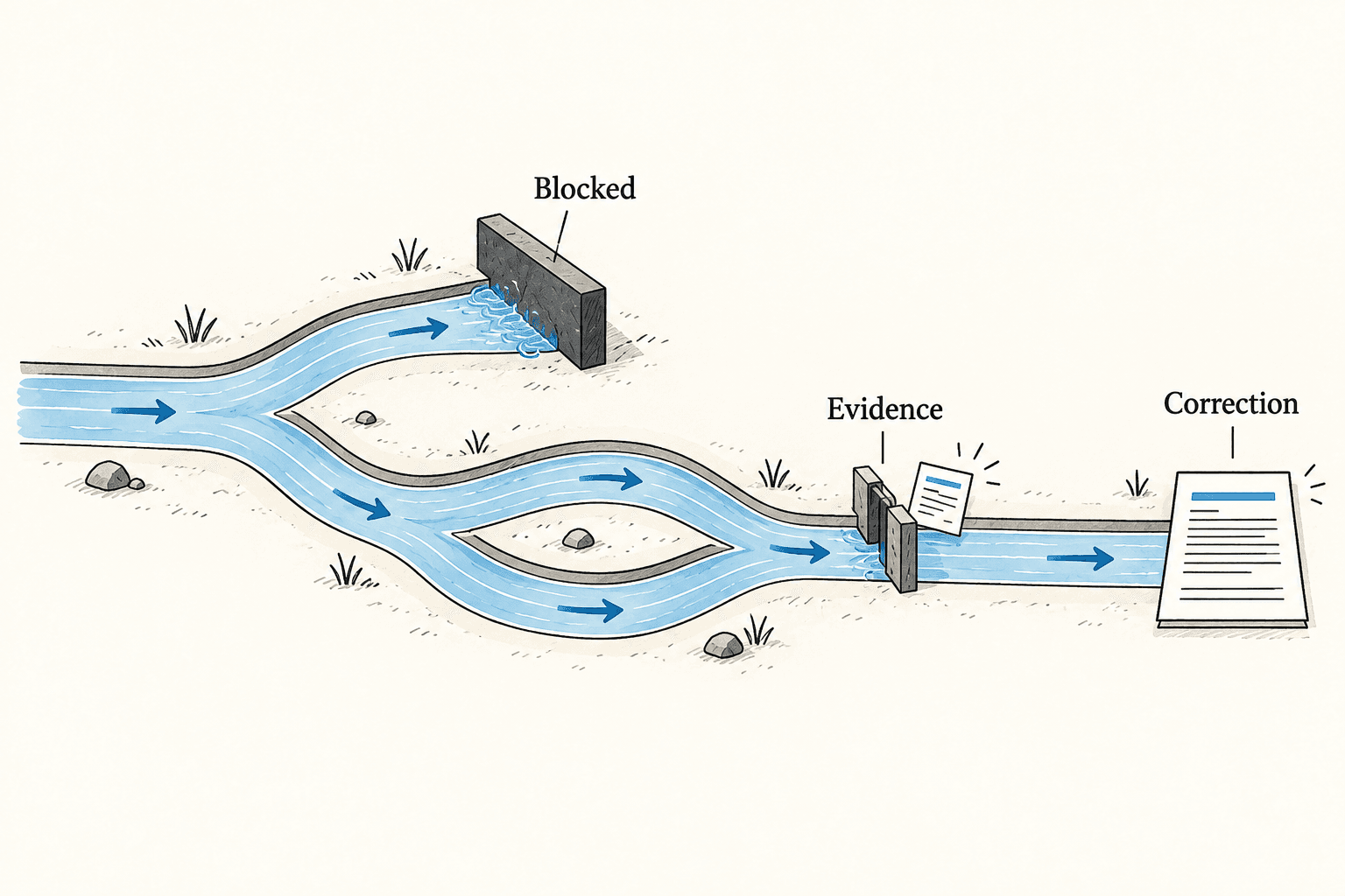Water follows available branching channels; a blocked route stops, while viable routes converge on an evidence requirement before reaching a corrected document.