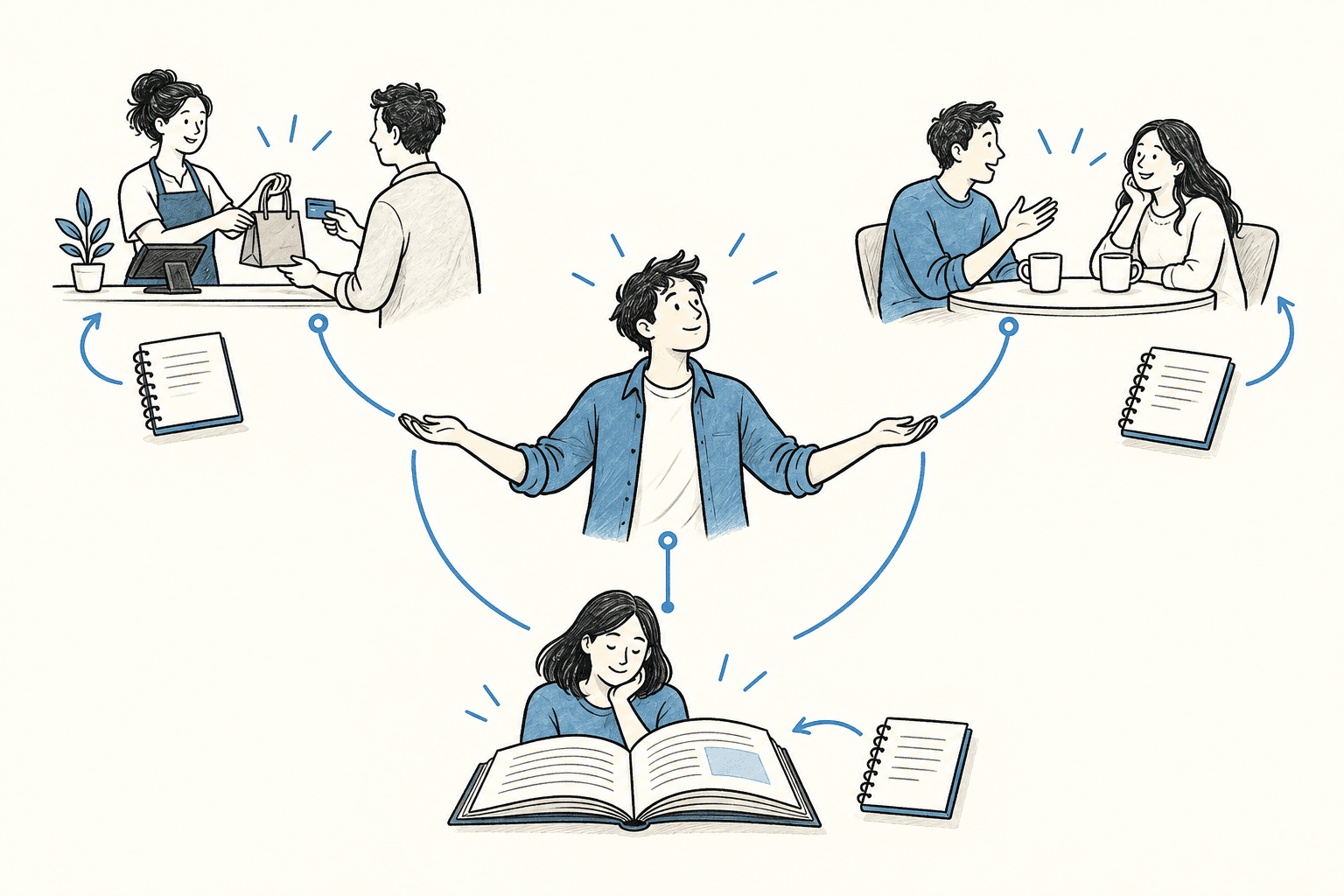 A person is connected to several continuing pursuits: a business, relationships and writing, each with its own small return loop.