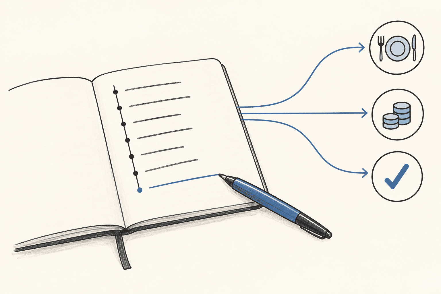 One notebook entry branches into food, spending, and habit interpretations.