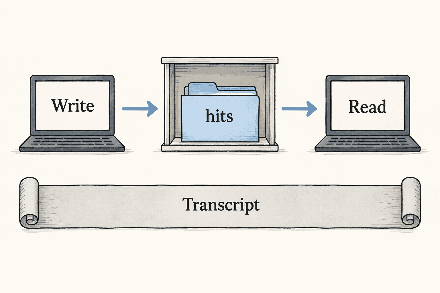 One command writes a result named hits, and a later command reads it from storage.