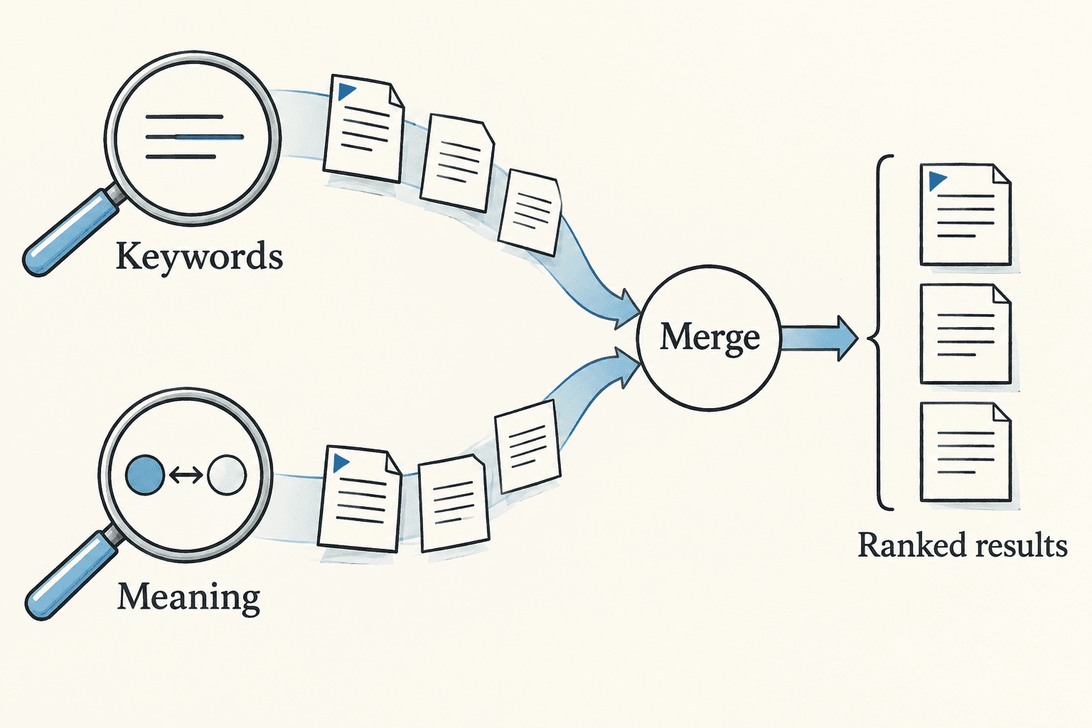 Keyword and semantic search results merge into a single ranked list.