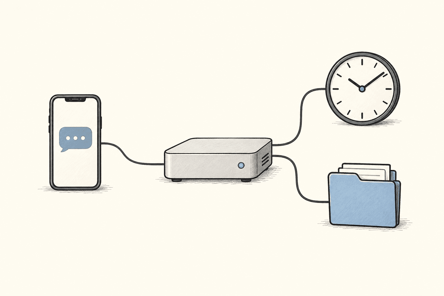 A persistent computer connects to a messaging phone, a clock and a folder of stored files.