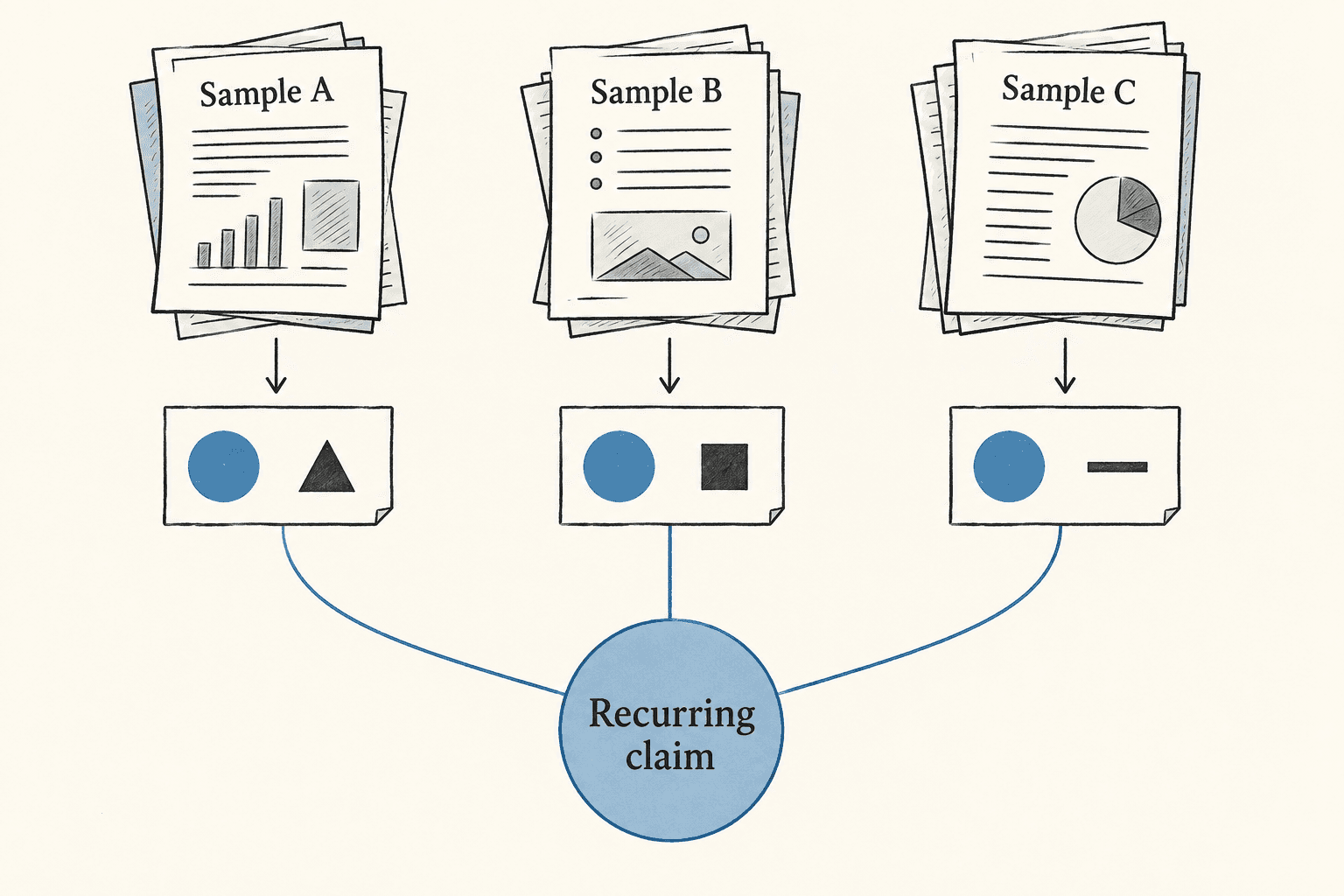 Different independent samples yield distinct results with one shared recurring claim.