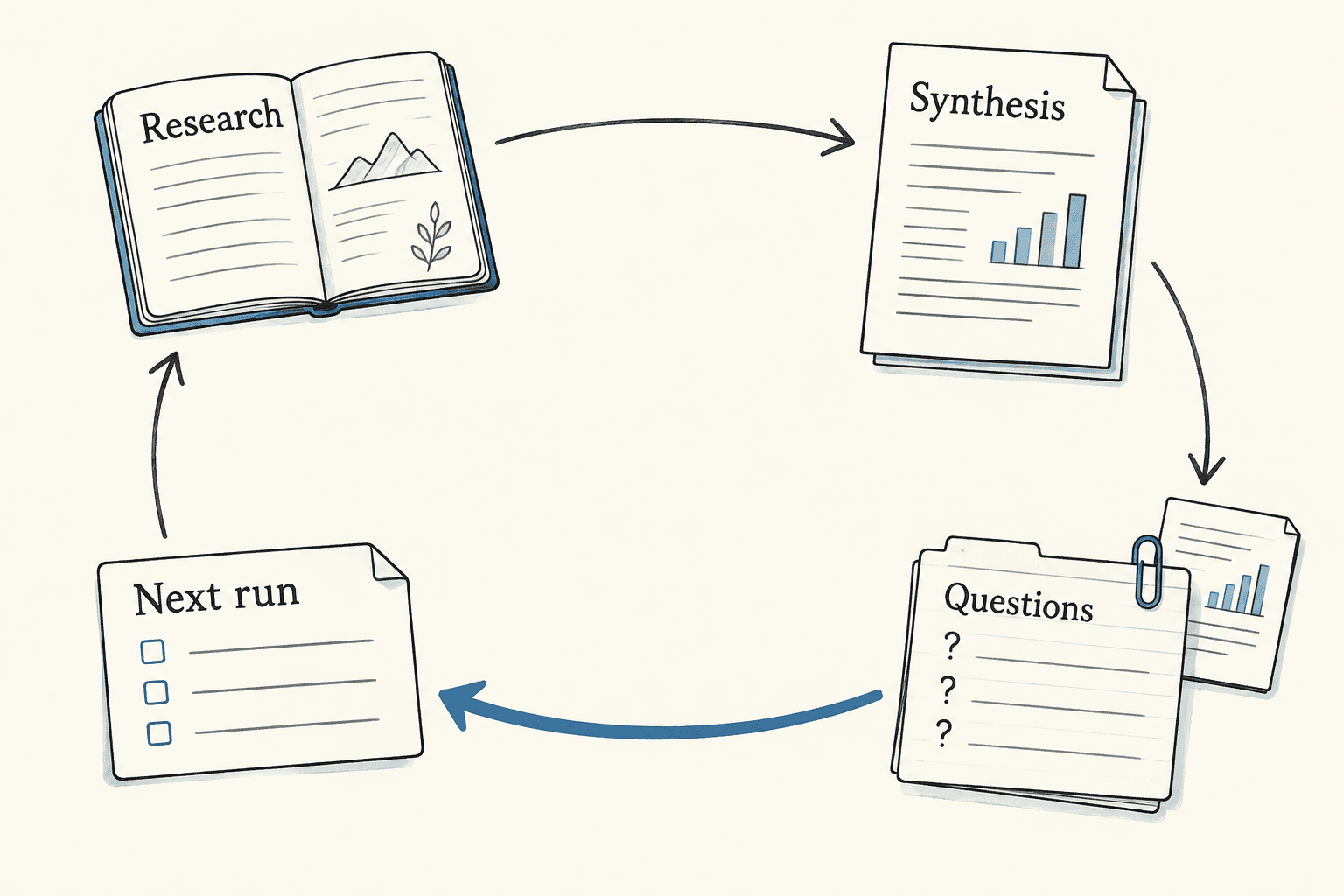 Synthesis produces questions linked to their source, and a consumer uses them to start the next research run.