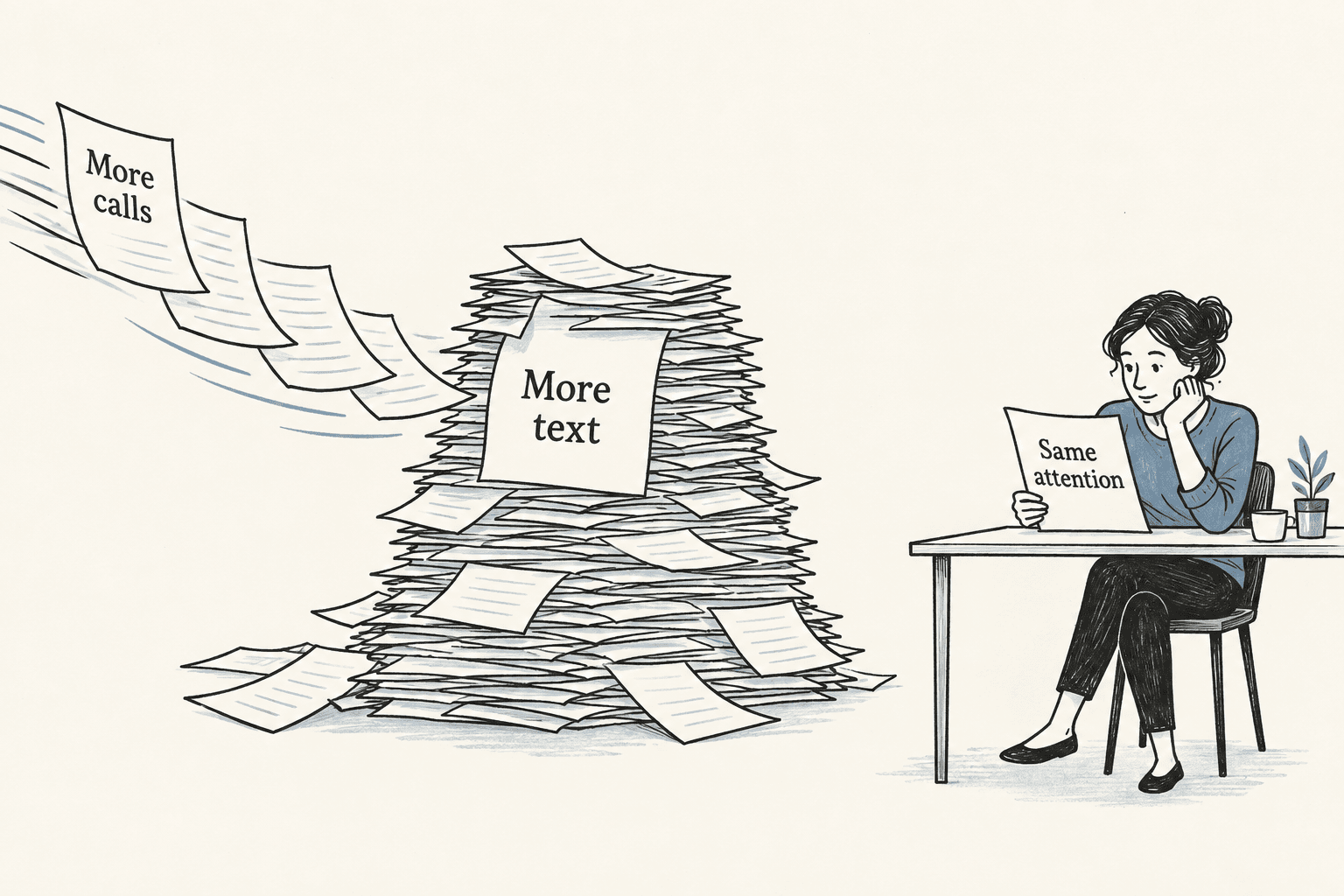A stream of model outputs grows into an unread pile beside a person reading one page.